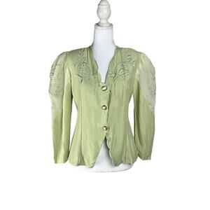Savion in LA green vintage 90s floral embroidered button up boho blouse Size M